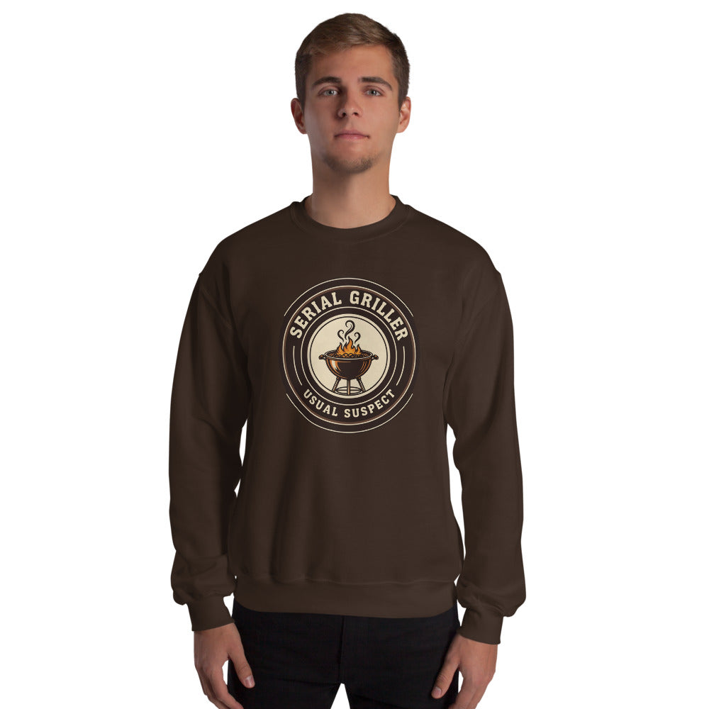 Serial Griller funny BBQ crewneck sweatshirt — Dark Chocolate, on model