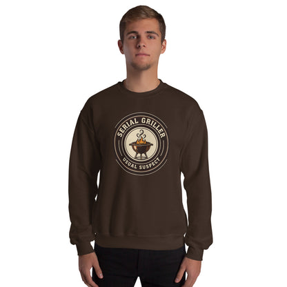 Serial Griller funny BBQ crewneck sweatshirt — Dark Chocolate, on model