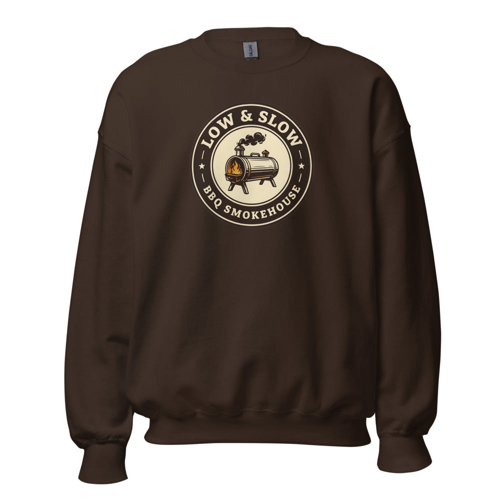 Low & Slow BBQ smoker crewneck sweatshirt — Dark Chocolate, front