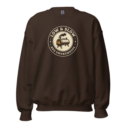 Low & Slow BBQ smoker crewneck sweatshirt — Dark Chocolate, front