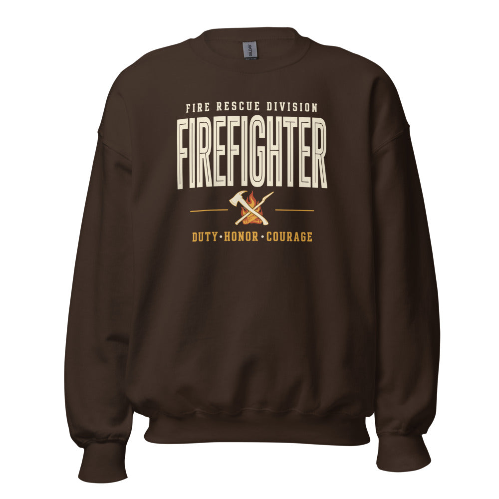 Firefighter collegiate wordmark retro fire-rescue crewneck sweatshirt — Dark Chocolate, front