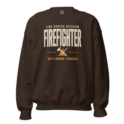 Firefighter collegiate wordmark retro fire-rescue crewneck sweatshirt — Dark Chocolate, front