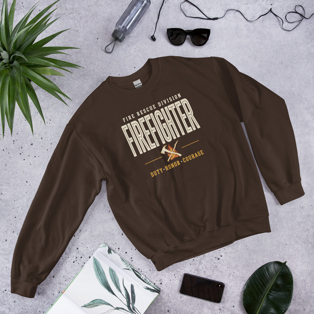 Firefighter collegiate wordmark retro fire-rescue crewneck sweatshirt — Dark Chocolate, front-right