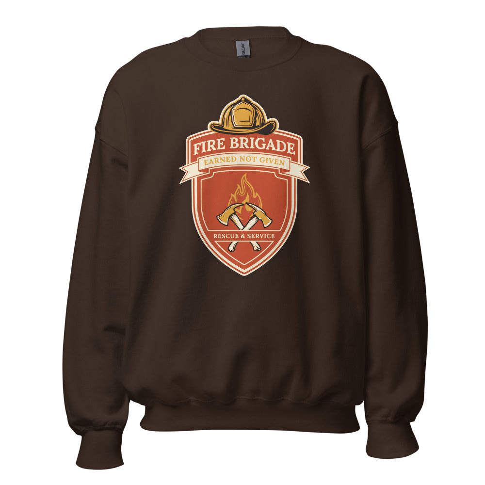 Fire Brigade Earned Not Given retro firefighter shield emblem crewneck sweatshirt — Dark Chocolate, front