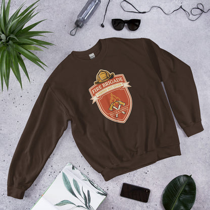 Fire Brigade Earned Not Given retro firefighter shield emblem crewneck sweatshirt — Dark Chocolate, front-right