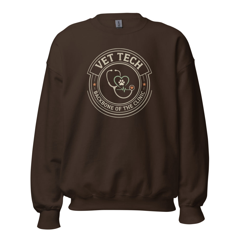 Vet Tech Crest retro veterinary technician crewneck sweatshirt — Dark Chocolate, front