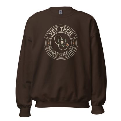 Vet Tech Crest retro veterinary technician crewneck sweatshirt — Dark Chocolate, front