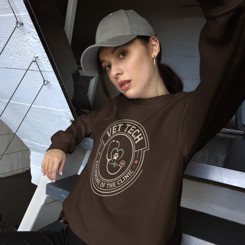Vet Tech Crest retro veterinary technician crewneck sweatshirt — Dark Chocolate, on model