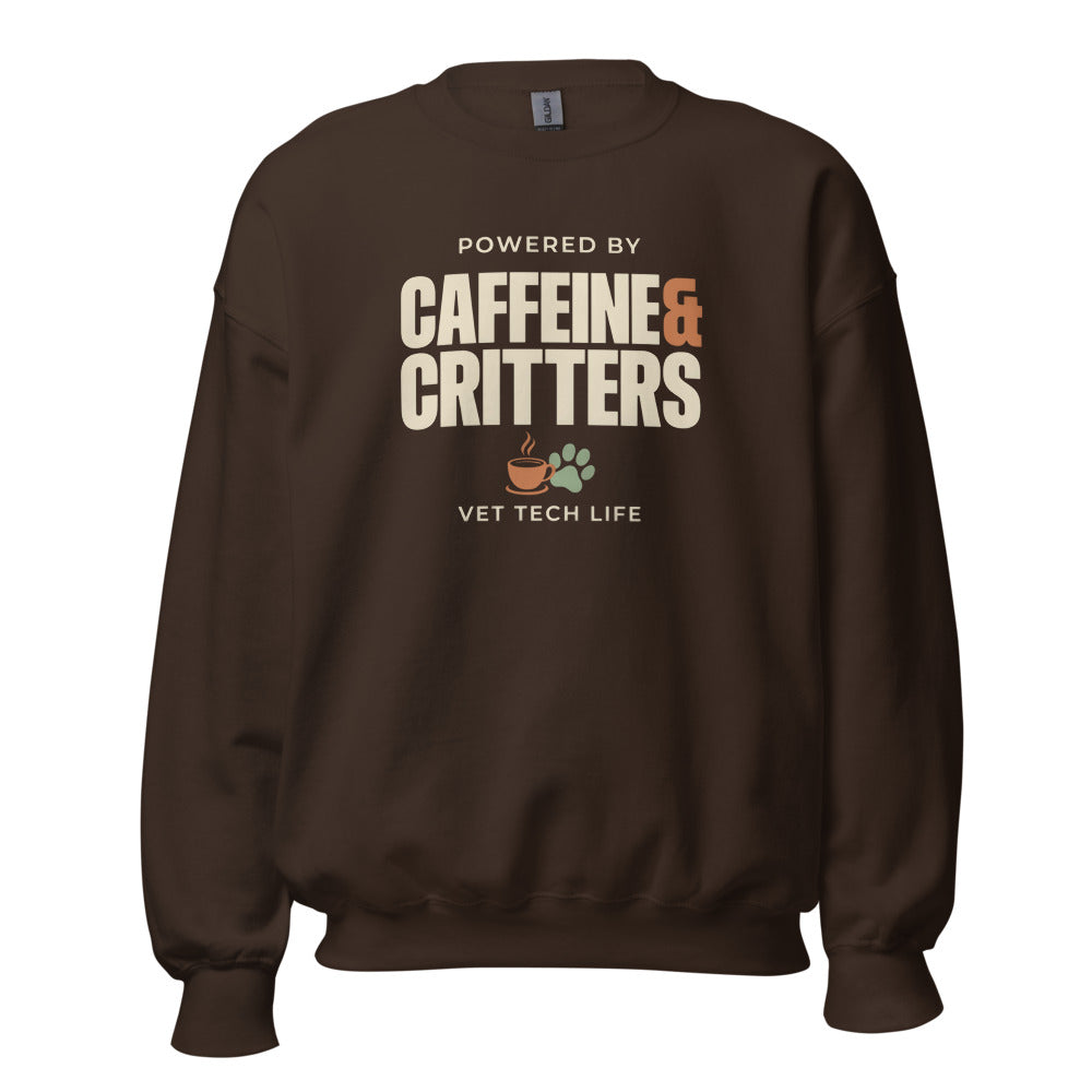 Powered by Caffeine & Critters funny vet tech crewneck sweatshirt — Dark Chocolate, front