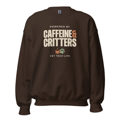 Powered by Caffeine & Critters funny vet tech crewneck sweatshirt — Dark Chocolate, front