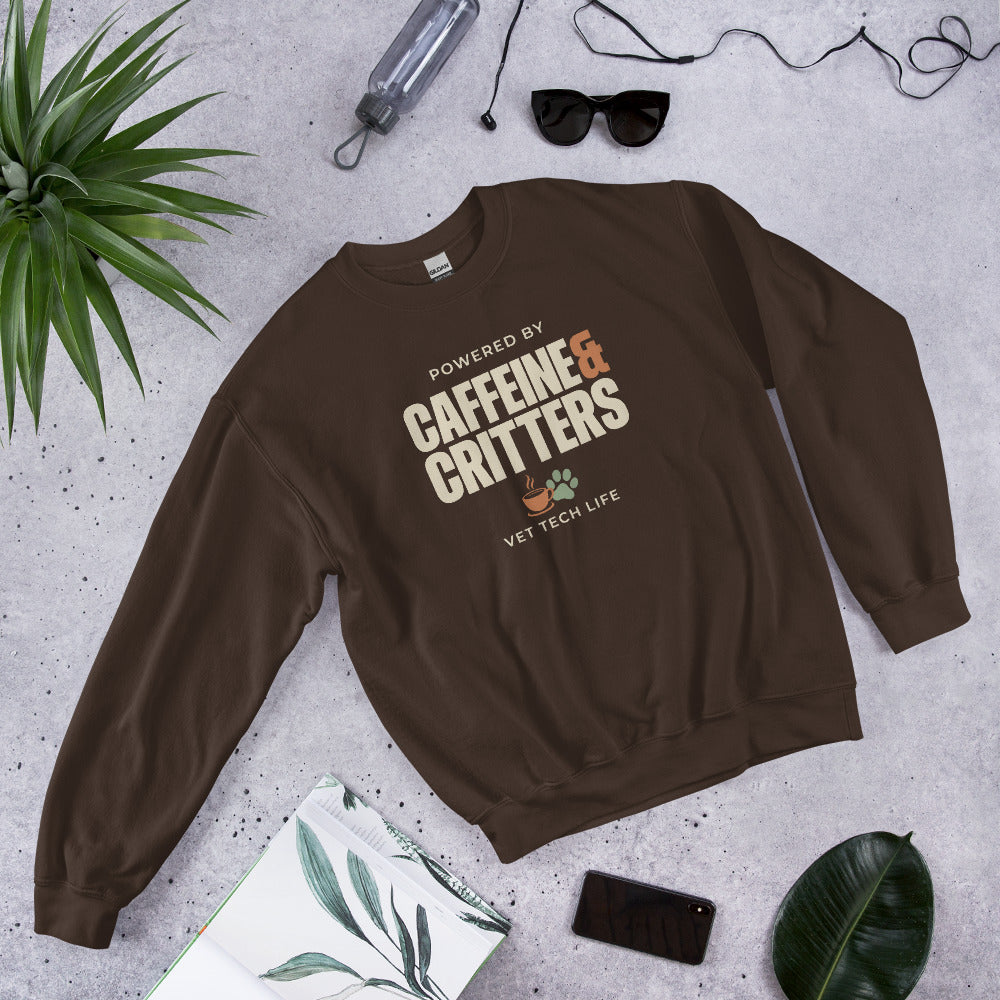 Powered by Caffeine & Critters funny vet tech crewneck sweatshirt — Dark Chocolate, front-right