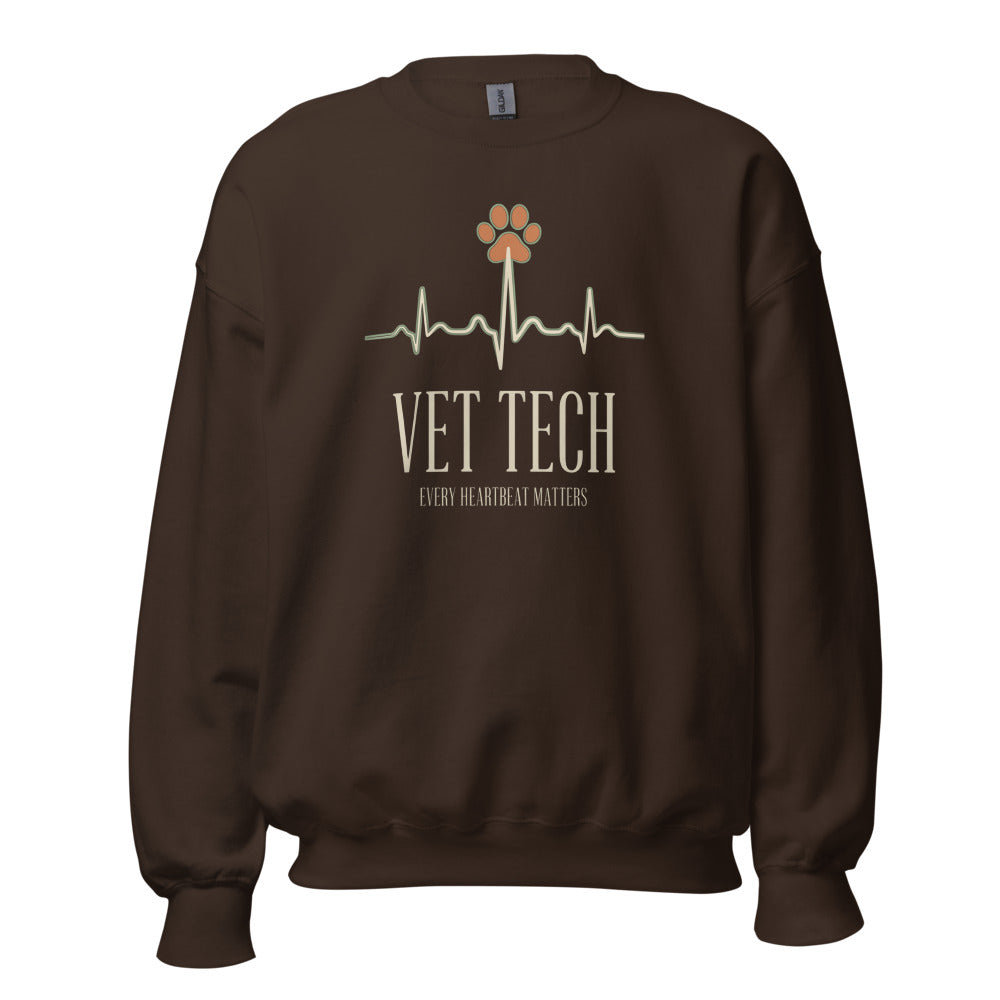 Every Heartbeat Matters minimalist vet tech crewneck sweatshirt — Dark Chocolate, front