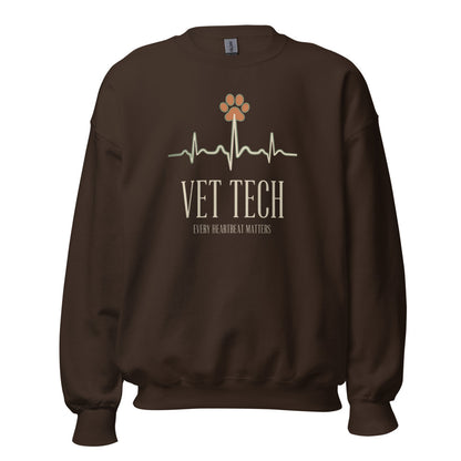 Every Heartbeat Matters minimalist vet tech crewneck sweatshirt — Dark Chocolate, front