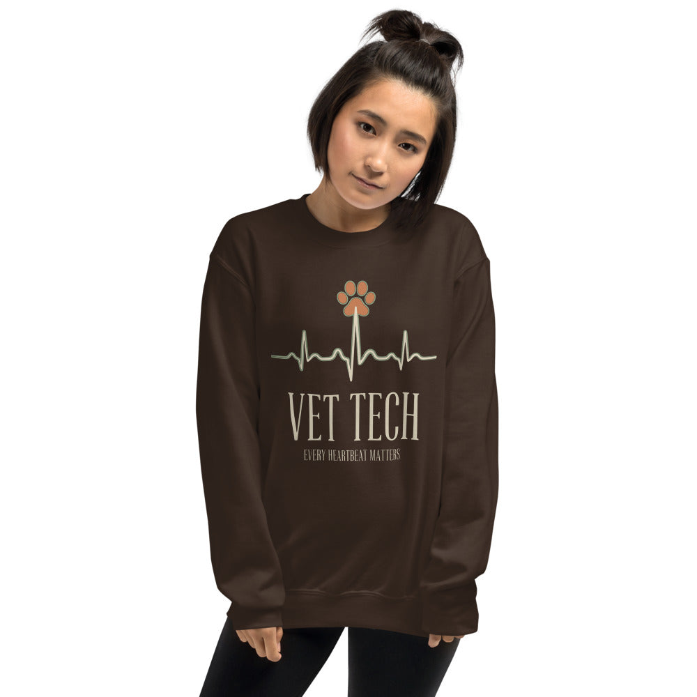Every Heartbeat Matters minimalist vet tech crewneck sweatshirt — Dark Chocolate, on model