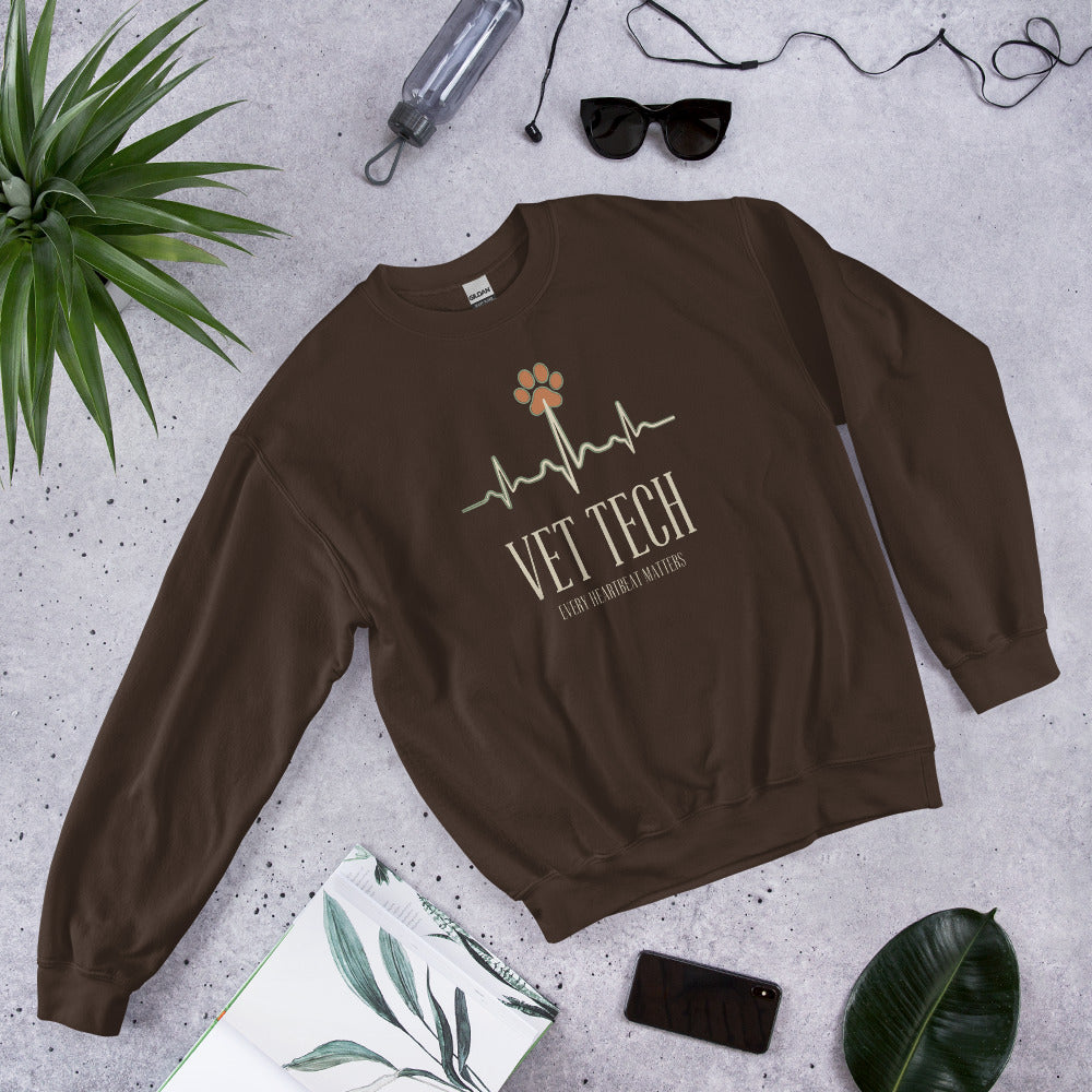 Every Heartbeat Matters minimalist vet tech crewneck sweatshirt — Dark Chocolate, front-right