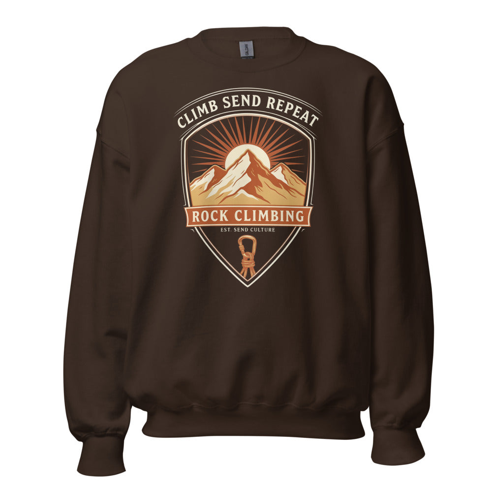 Climb Send Repeat mountaineering crest crewneck sweatshirt — Dark Chocolate, front