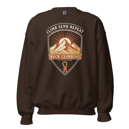 Climb Send Repeat mountaineering crest crewneck sweatshirt — Dark Chocolate, front