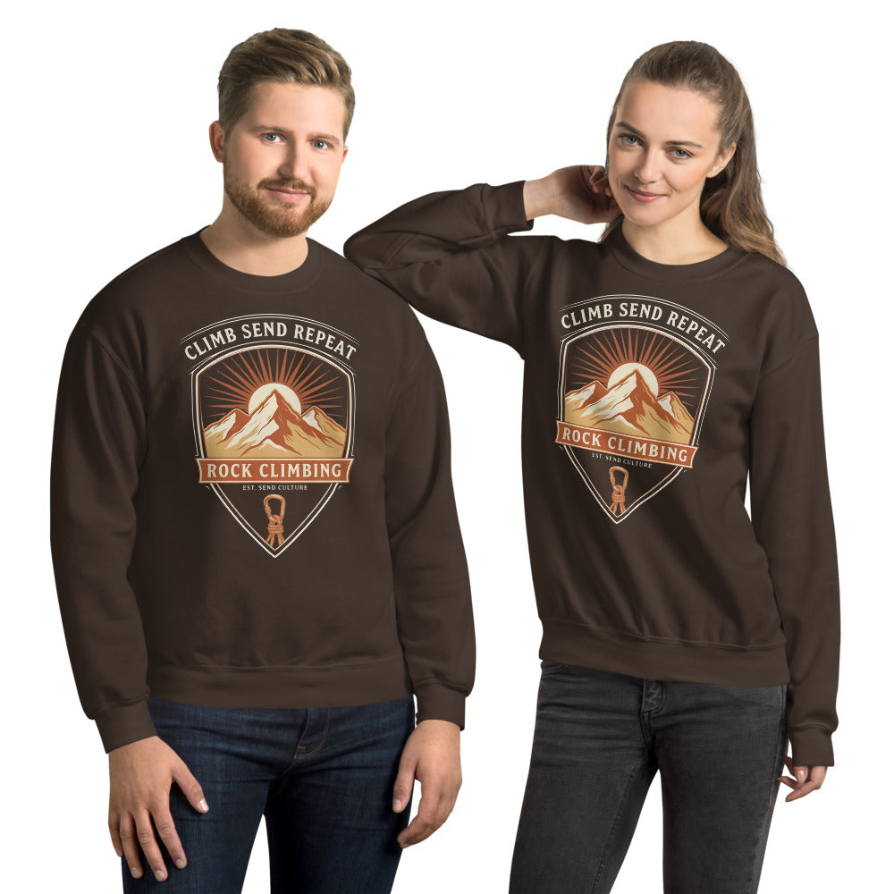 Climb Send Repeat mountaineering crest crewneck sweatshirt — Dark Chocolate, on model