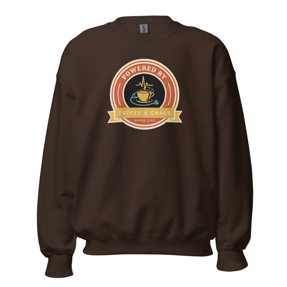 Powered by Coffee & Chaos retro nurse badge crewneck sweatshirt — Dark Chocolate, front