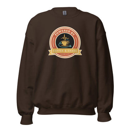 Powered by Coffee & Chaos retro nurse badge crewneck sweatshirt — Dark Chocolate, front