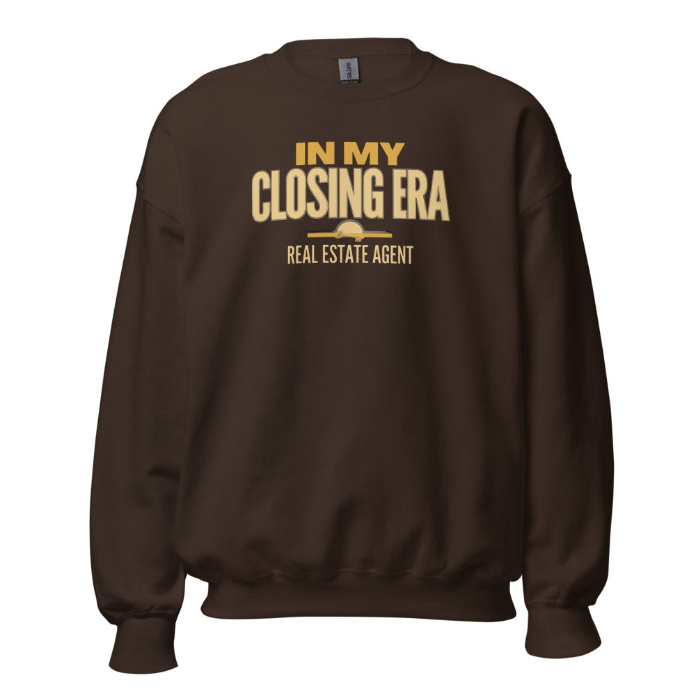 In My Closing Era real estate agent crewneck sweatshirt — Dark Chocolate, front