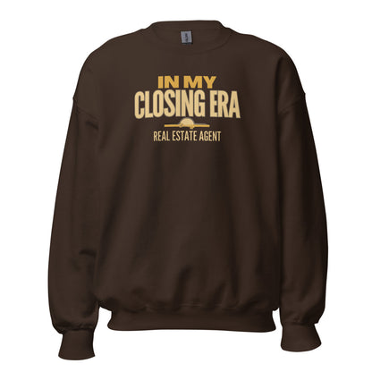 In My Closing Era real estate agent crewneck sweatshirt — Dark Chocolate, front