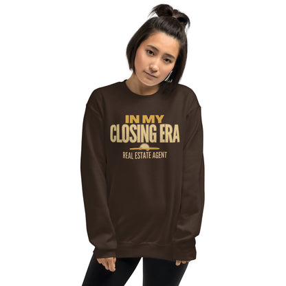 In My Closing Era real estate agent crewneck sweatshirt — Dark Chocolate, on model
