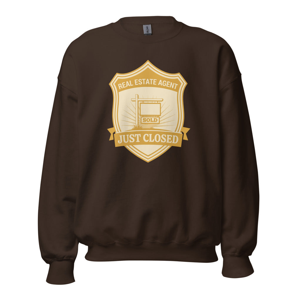 Just Closed real estate agent crewneck sweatshirt — Dark Chocolate, front