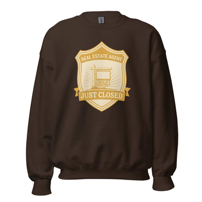 Just Closed real estate agent crewneck sweatshirt — Dark Chocolate, front