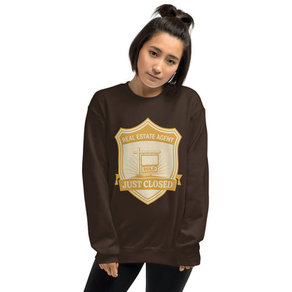 Just Closed real estate agent crewneck sweatshirt — Dark Chocolate, on model