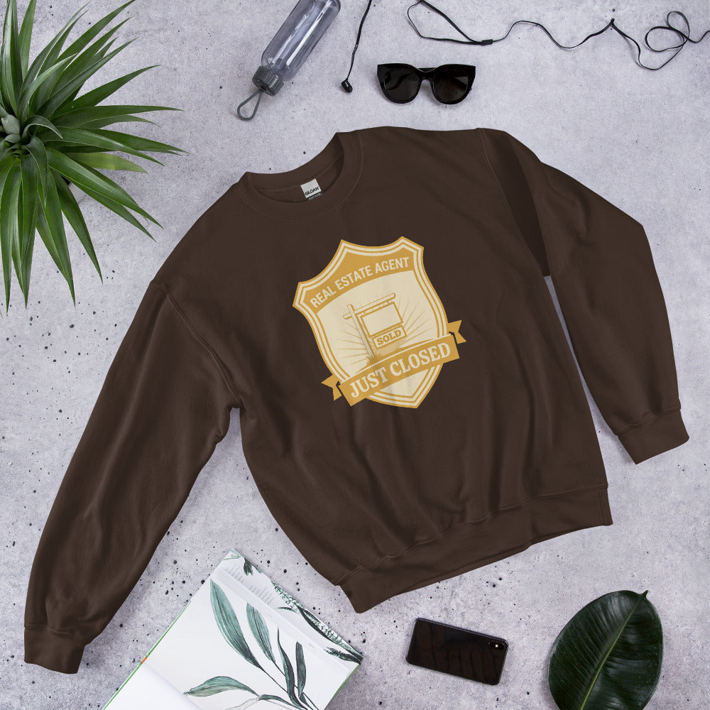 Just Closed real estate agent crewneck sweatshirt — Dark Chocolate, front-right