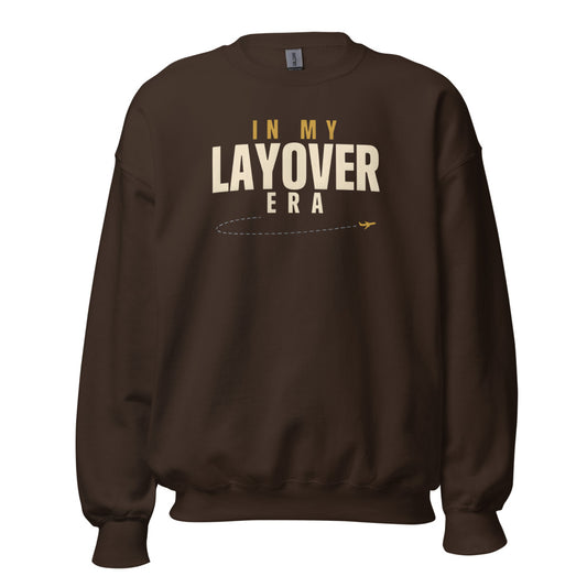 In My Layover Era flight attendant crewneck sweatshirt — Dark Chocolate, front