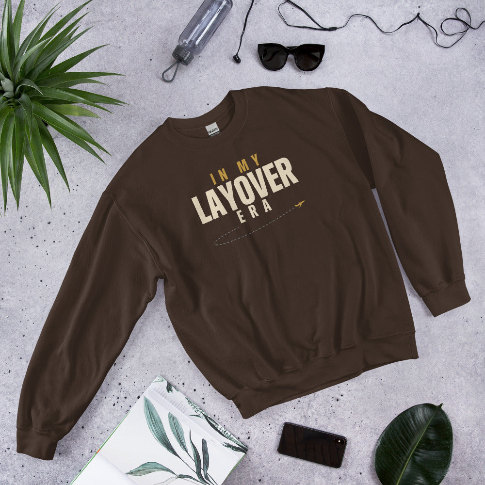 In My Layover Era flight attendant crewneck sweatshirt — Dark Chocolate, front-right