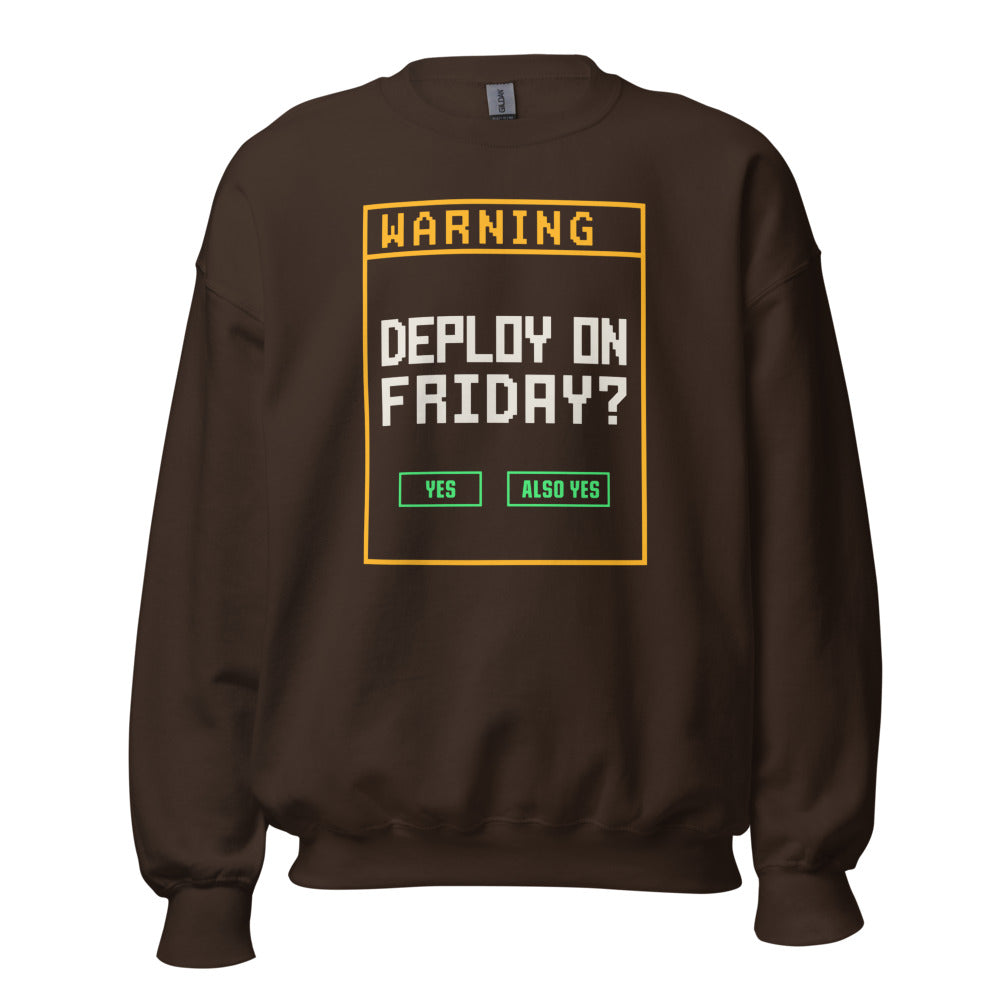 Deploy On Friday programmer crewneck — Dark Chocolate, front