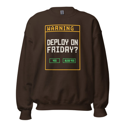 Deploy On Friday programmer crewneck — Dark Chocolate, front