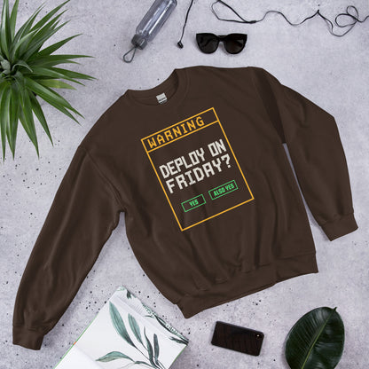 Deploy On Friday programmer crewneck — Dark Chocolate, front-right