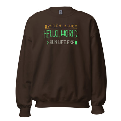 Hello World retro boot screen programmer crewneck sweatshirt — Dark Chocolate, front