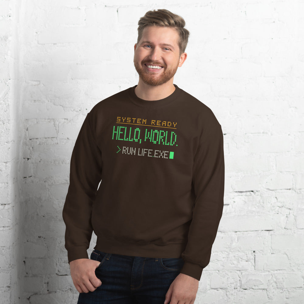 Hello World retro boot screen programmer crewneck sweatshirt — Dark Chocolate, on model