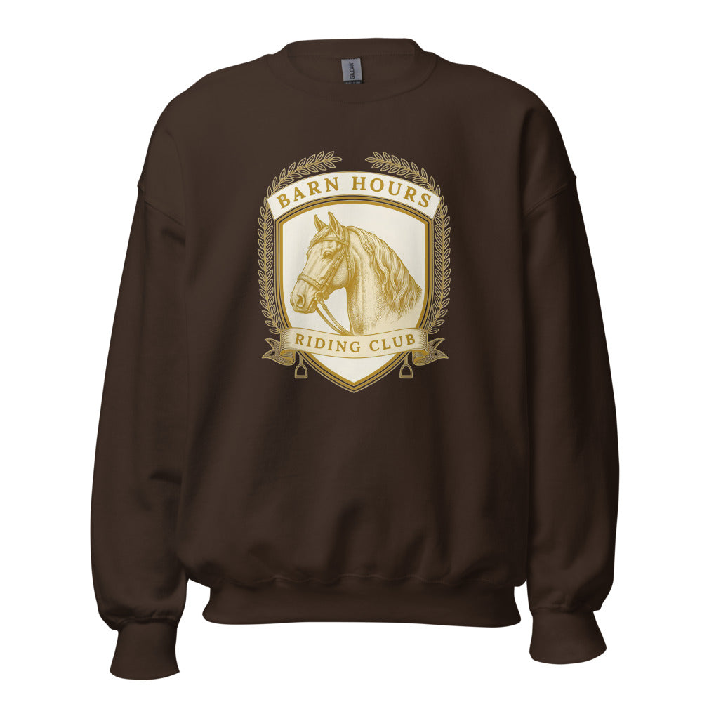 Barn Hours Riding Club vintage equestrian stable crest crewneck sweatshirt — Dark Chocolate, front