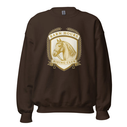Barn Hours Riding Club vintage equestrian stable crest crewneck sweatshirt — Dark Chocolate, front