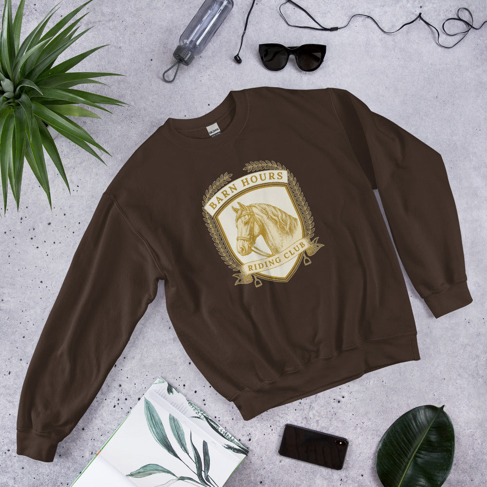 Barn Hours Riding Club vintage equestrian stable crest crewneck sweatshirt — Dark Chocolate, front-right