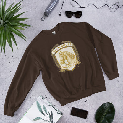 Barn Hours Riding Club vintage equestrian stable crest crewneck sweatshirt — Dark Chocolate, front-right