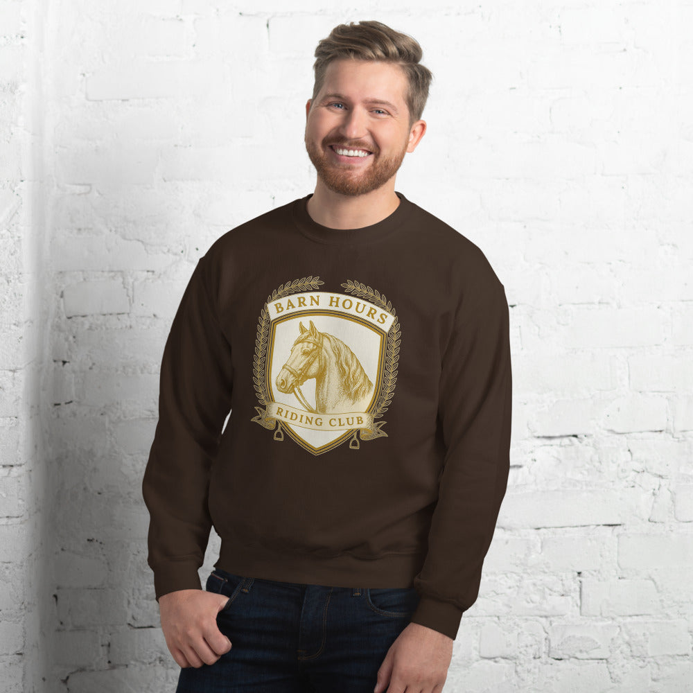 Barn Hours Riding Club vintage equestrian stable crest crewneck sweatshirt — Dark Chocolate, on model