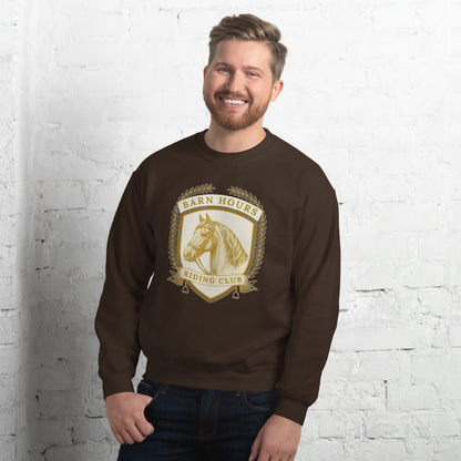 Barn Hours Riding Club vintage equestrian stable crest crewneck sweatshirt — Dark Chocolate, on model