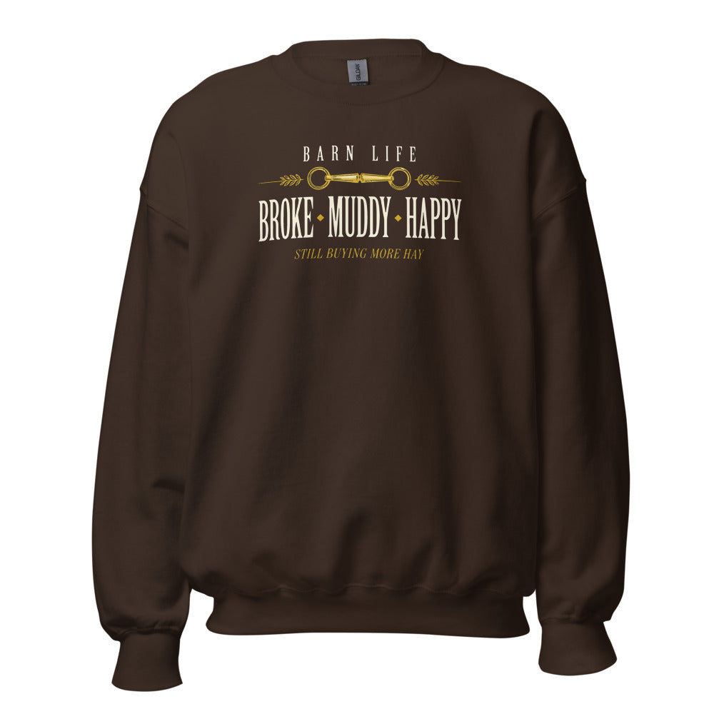 Broke Muddy Happy funny barn life equestrian crewneck sweatshirt — Dark Chocolate, front
