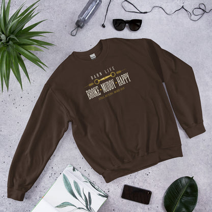 Broke Muddy Happy funny barn life equestrian crewneck sweatshirt — Dark Chocolate, front-right