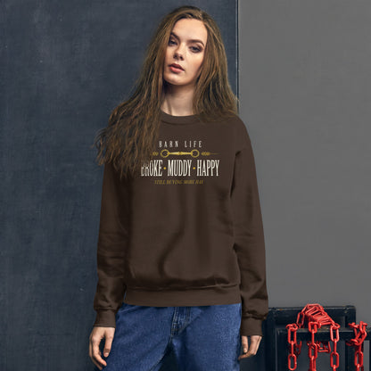 Broke Muddy Happy funny barn life equestrian crewneck sweatshirt — Dark Chocolate, on model