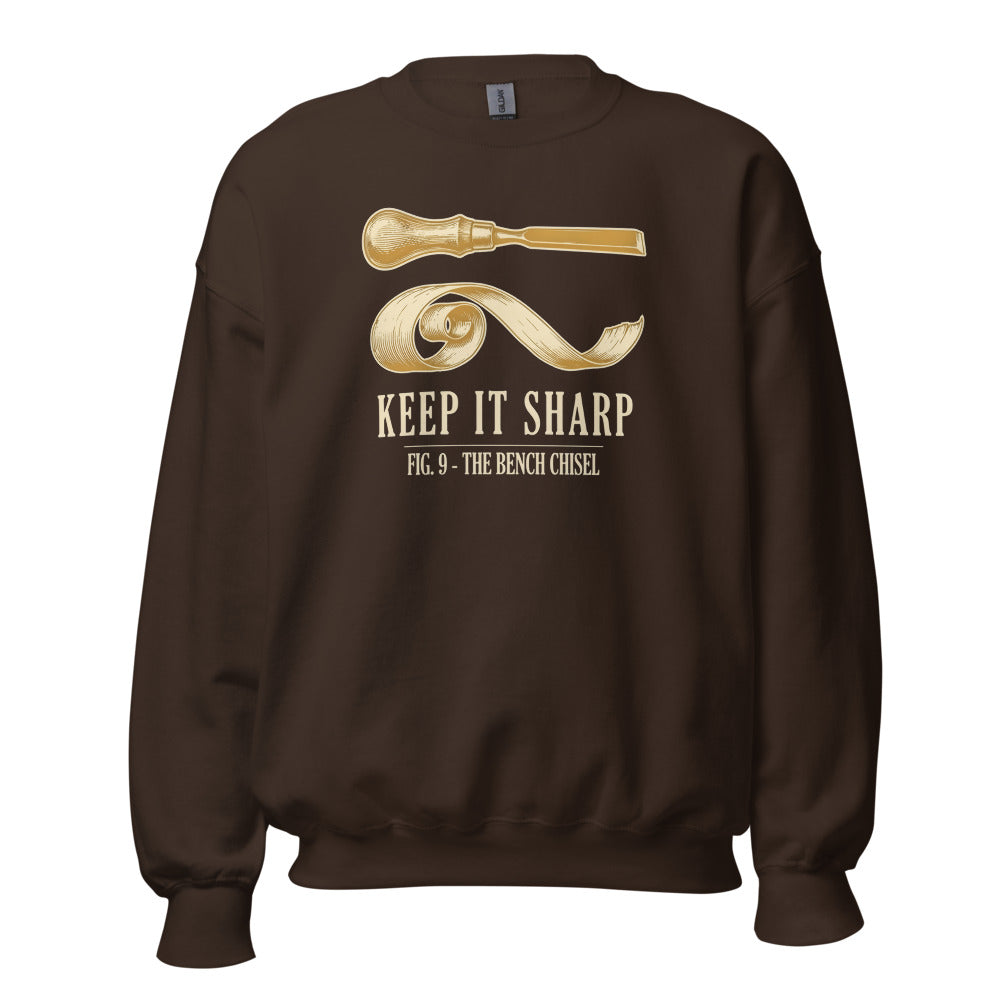 Keep It Sharp woodworking crewneck sweatshirt — Dark Chocolate, front