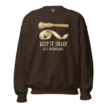 Keep It Sharp woodworking crewneck sweatshirt — Dark Chocolate, front