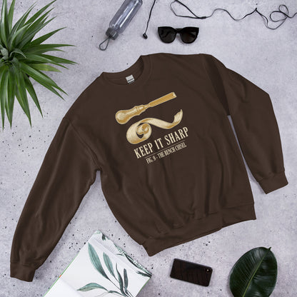 Keep It Sharp woodworking crewneck sweatshirt — Dark Chocolate, front-right